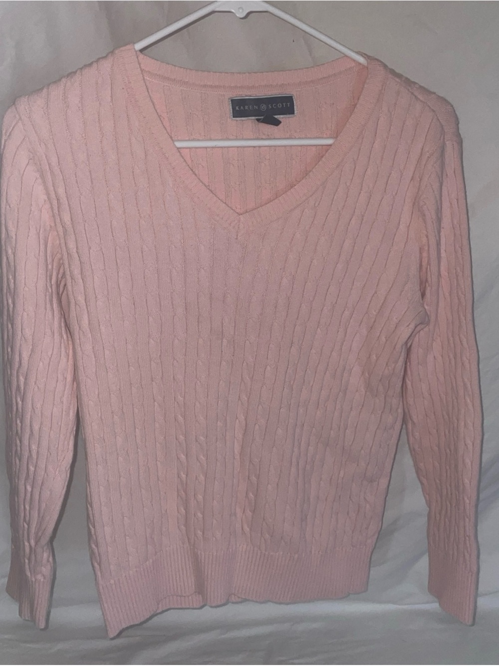 Karen Scott Light Pink Cable V-Neck Sweater